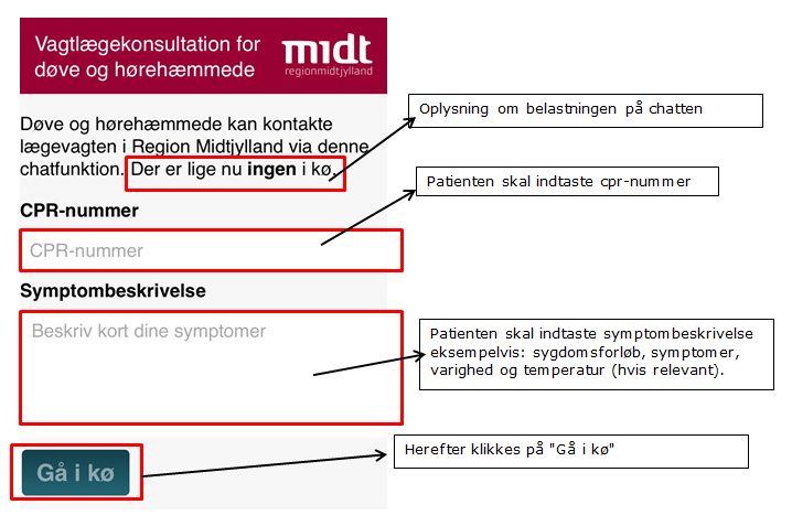 Skærmprint med vejledning til brug af chatfunktion hos Lægevagten til indtastning af spørgsmål