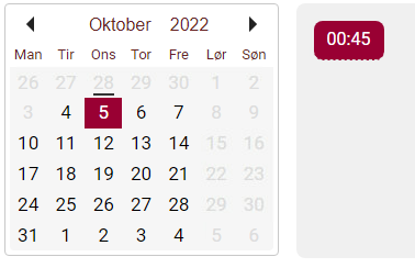 Kalender, hvor en dato er valgt. Det eneste tidspunkt man kan vælge er 00:45 og det er også valgt.