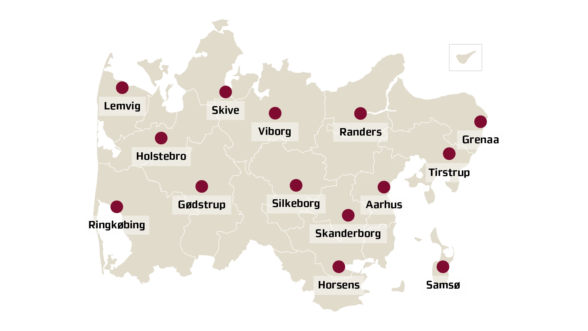 Kort over Region Midtjylland med medicinudleveringsbokse i Lemvig, Holstebro, Ringkøbing, Gødstrup, Skive, Viborg, Silkeborg, Skanderborg, Horsens, Randers, Aarhus, Tirstrup, Grenaa og Samsø.  